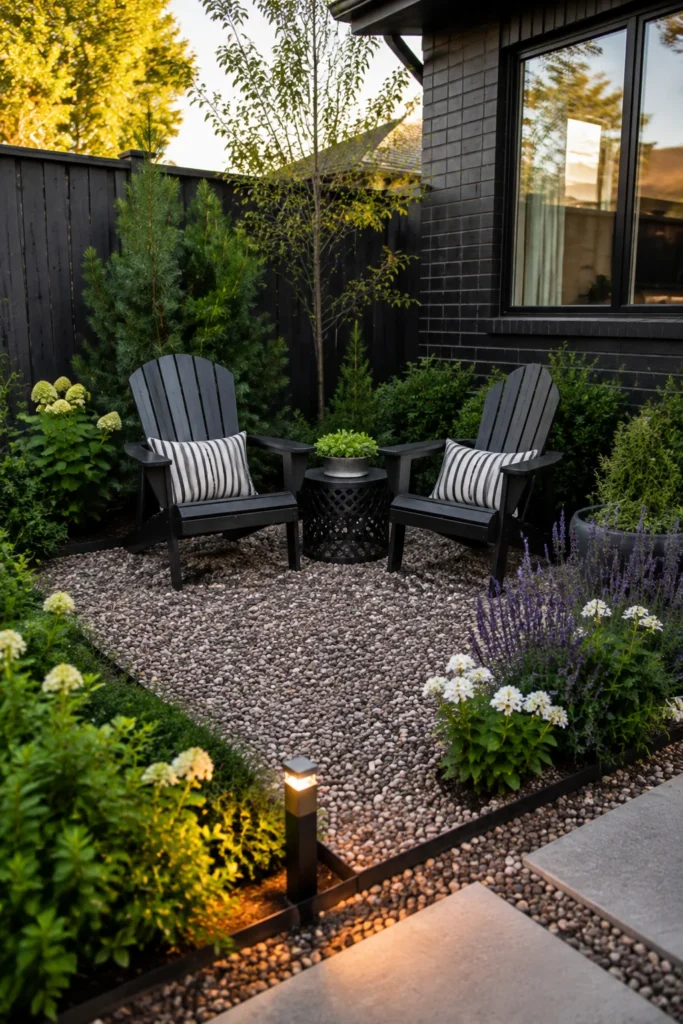 Small pea gravel seating nook in a front yard