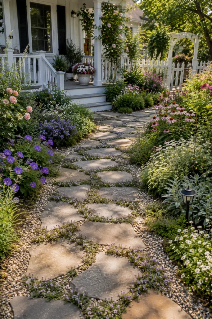 Gravel stepping stone path lined with plants in a cottage front yard