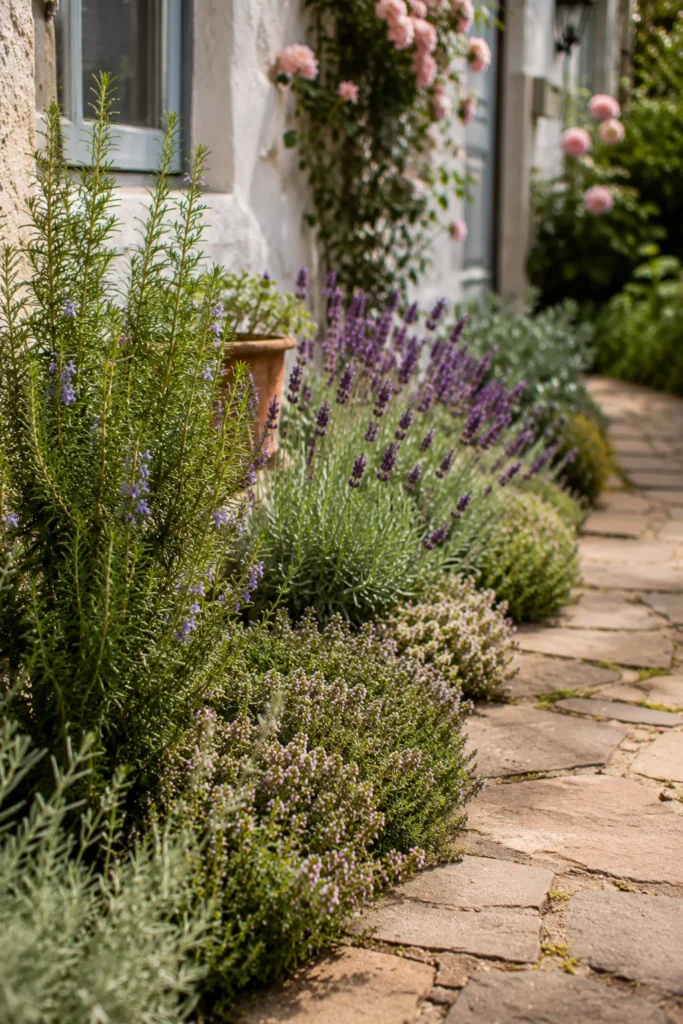 Herb garden border with rosemary and thyme along a cottage front walk