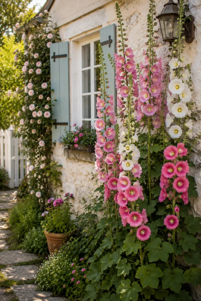 Tall hollyhocks growing against a wall in a cottage garden