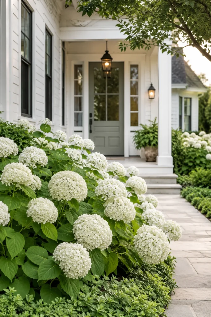 Blooming hydrangeas planted near a front entry
