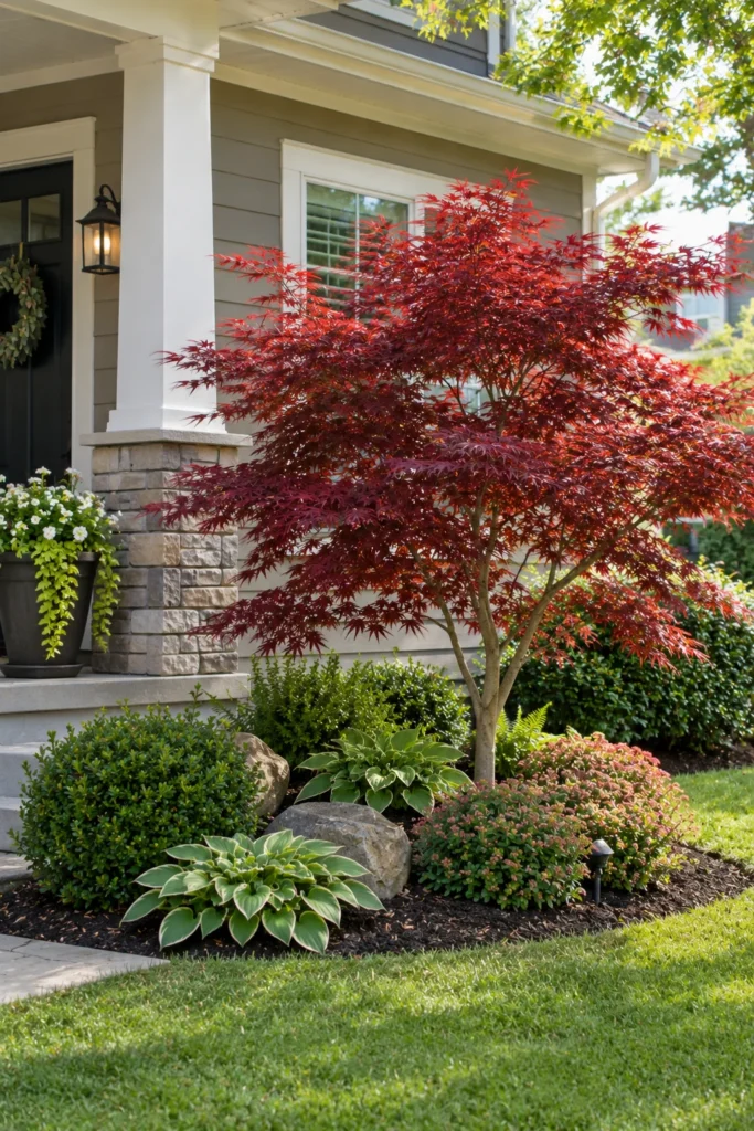 Off-center Japanese maple tree near a front porch