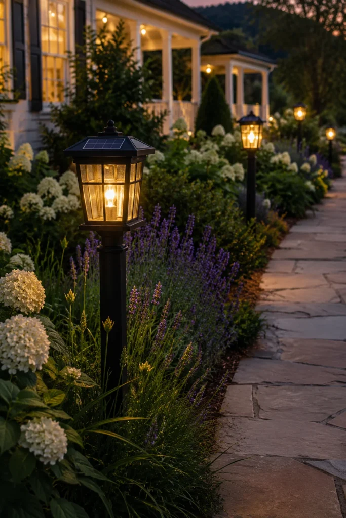 Lantern lighting and stone hardscape details in a farmhouse yard