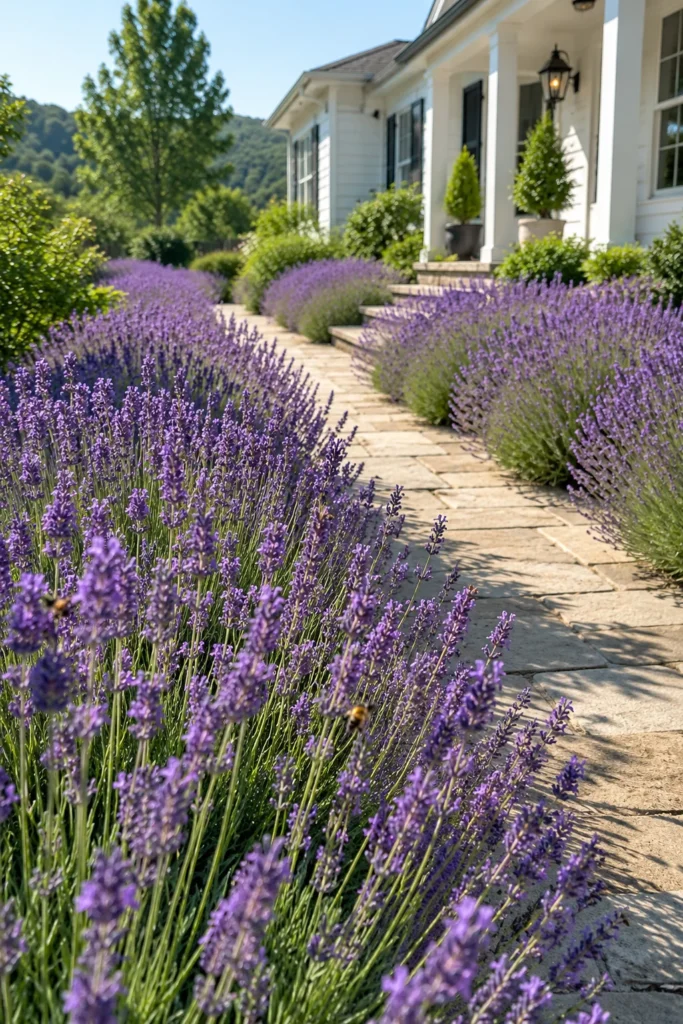 Lavender border along a sunny front yard path