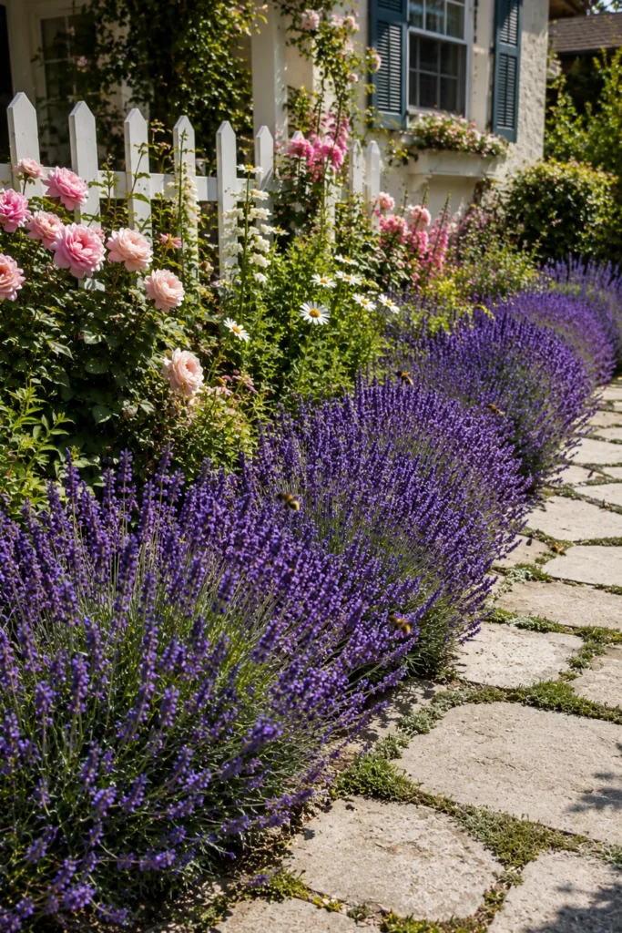 Lavender edging along a cottage front yard flower bed