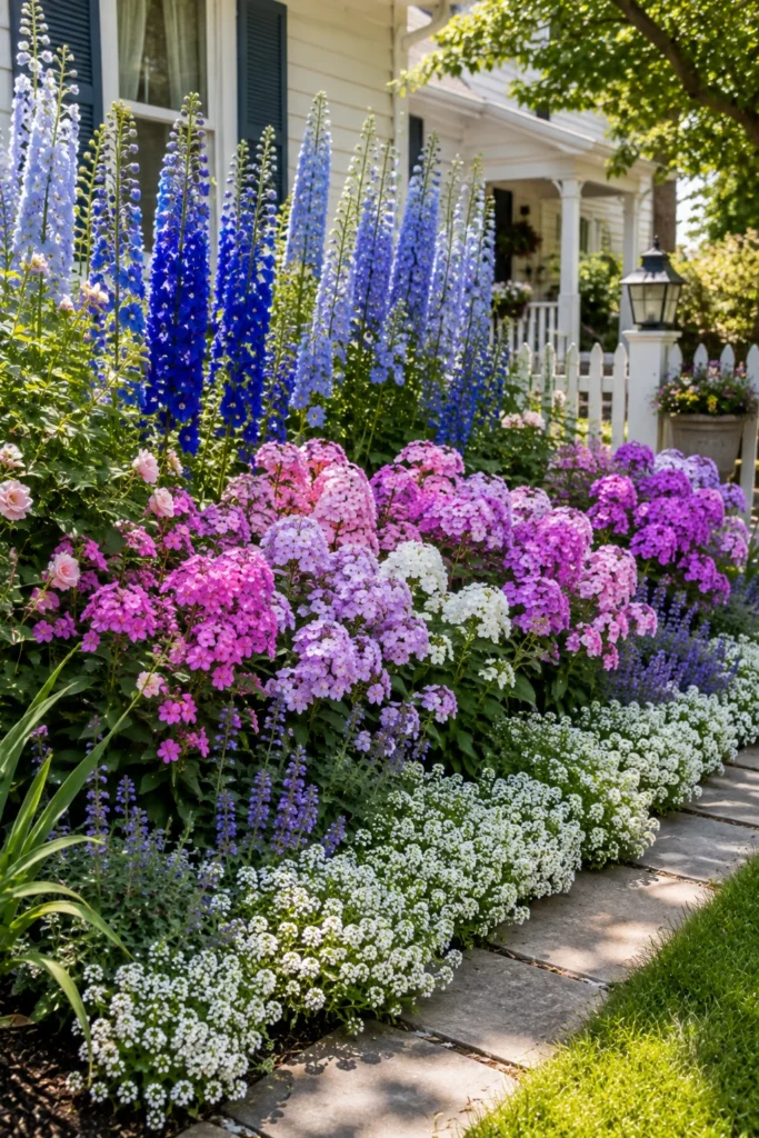 Layered height planting with hollyhock and phlox in a cottage flower bed