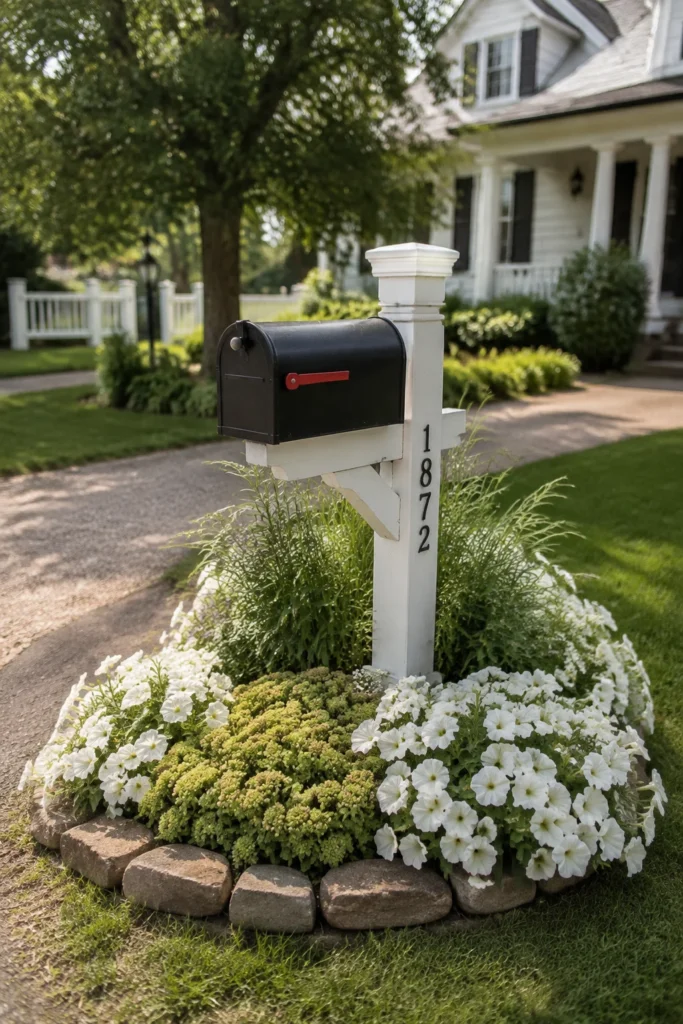 Small planting bed surrounding a farmhouse mailbox