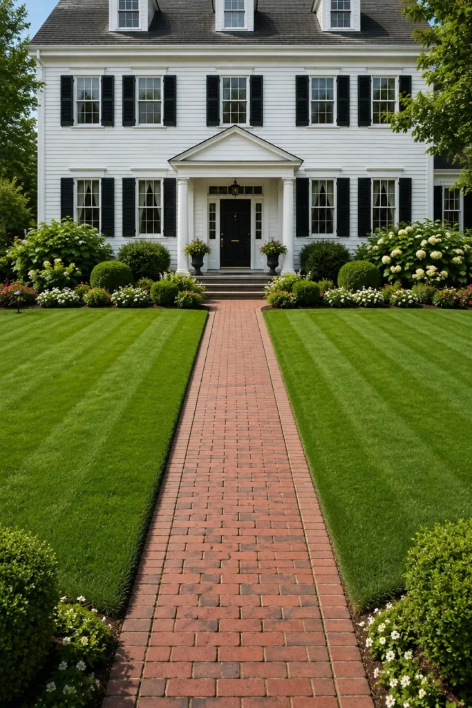 Manicured mirrored lawn panels in a colonial front yard