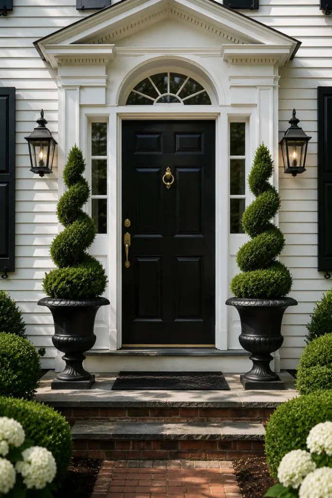 Matching black urn planters flanking a colonial front door