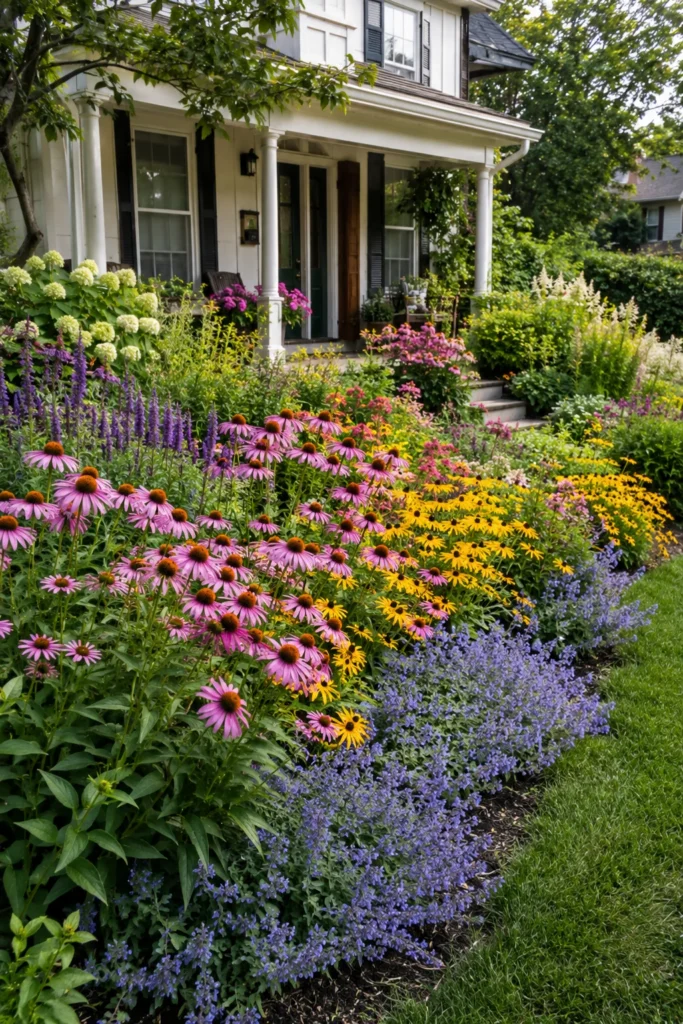 Mixed perennial border with coneflower and black-eyed Susan in a cottage front yard