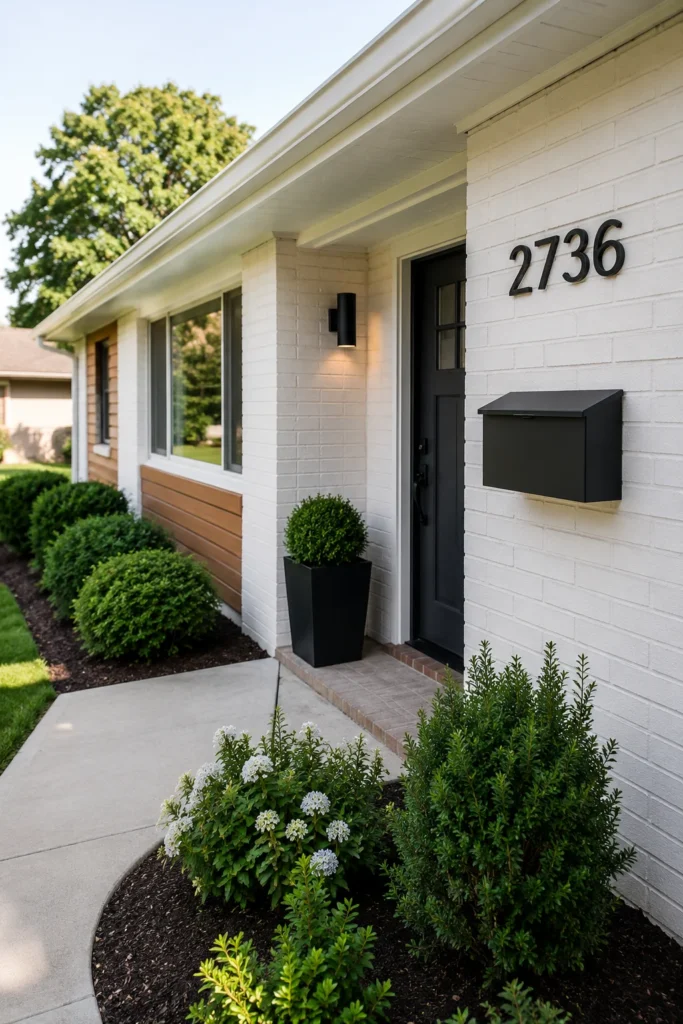 Modern black house numbers and mailbox on a ranch home