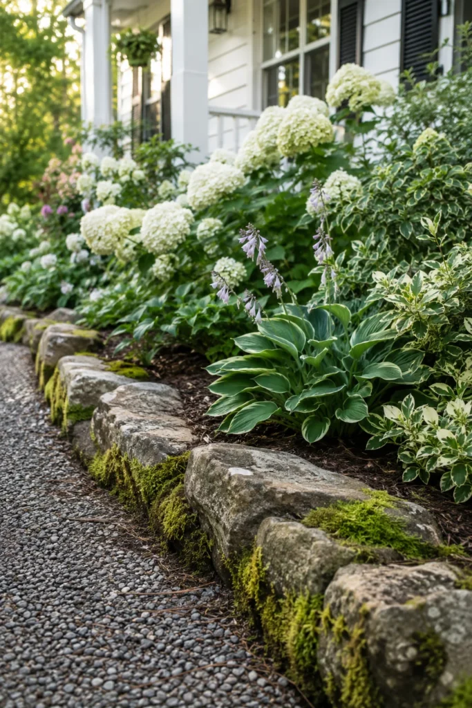 Natural fieldstone edging along a garden bed