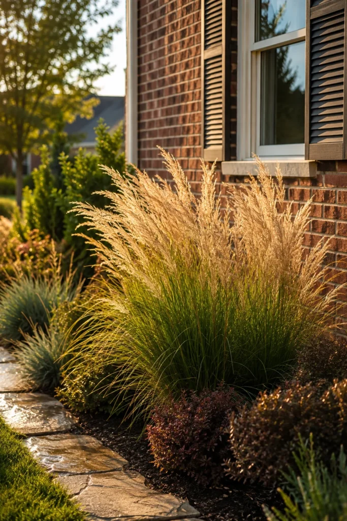 Ornamental grasses adding texture near a brick house