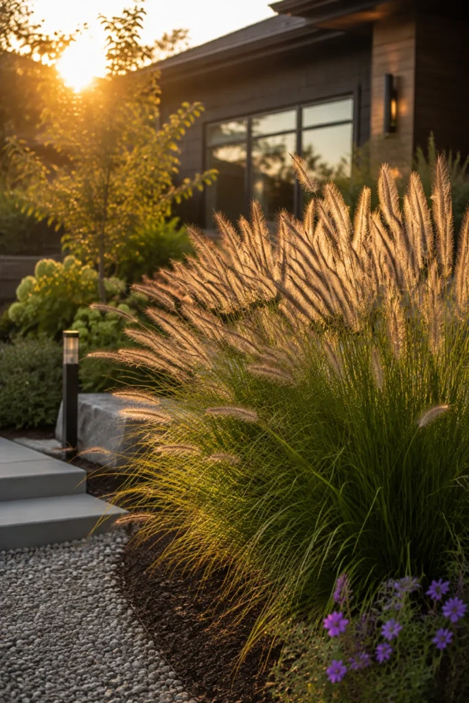 Ornamental fountain grass adding texture to a front yard garden bed