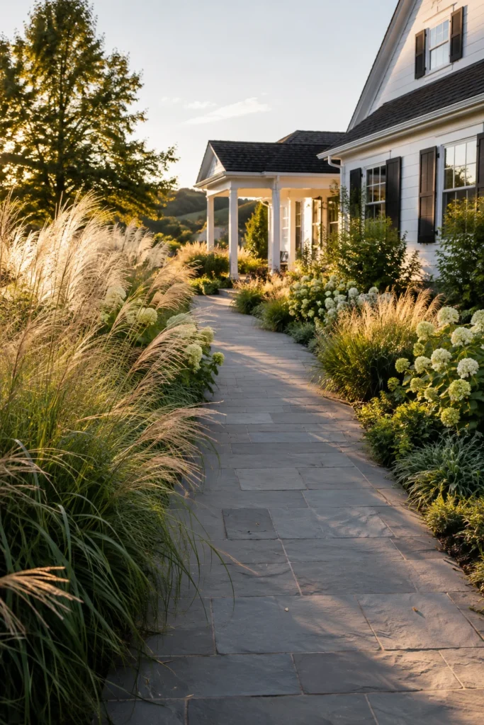 Ornamental grasses lining a stone walkway