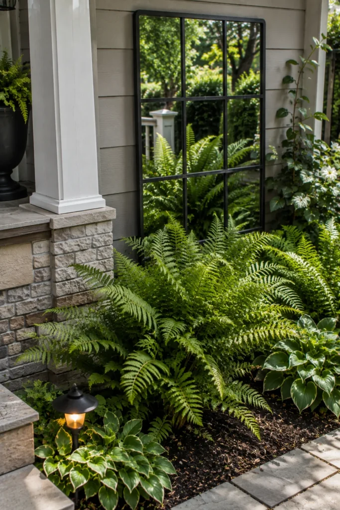 Weatherproof mirror placed in a front garden bed for depth