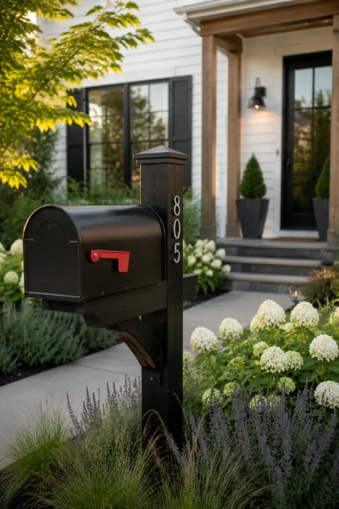 Freshly painted mailbox matching front door trim color