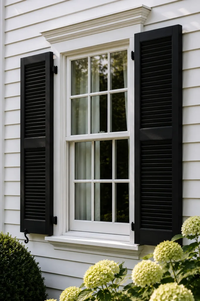 Black painted shutters with matching trim on a colonial house