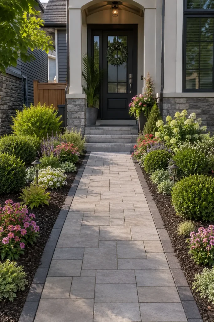 Paver walkway leading to a home's front entrance