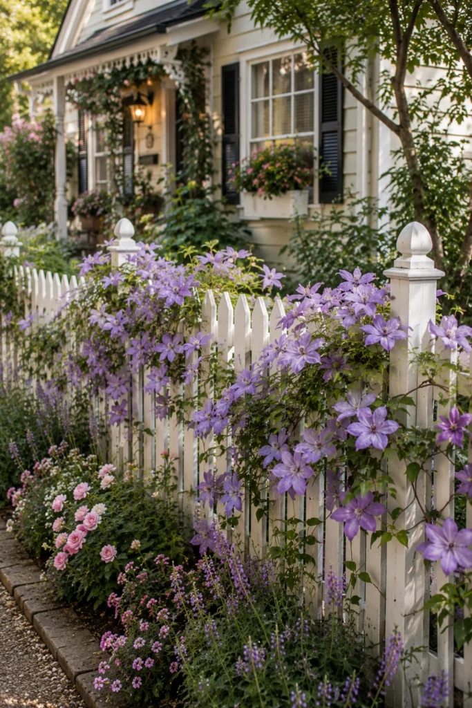 White picket fence covered in climbing clematis at a cottage house