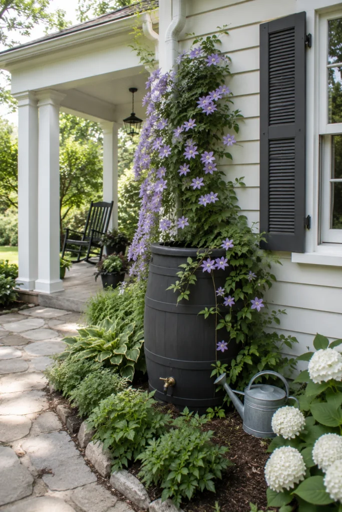 Rain barrel covered by a climbing vine near a porch