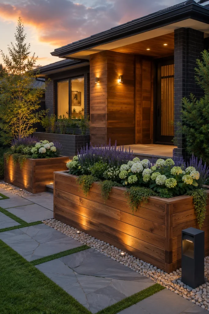Cedar raised planter boxes near a front porch entrance