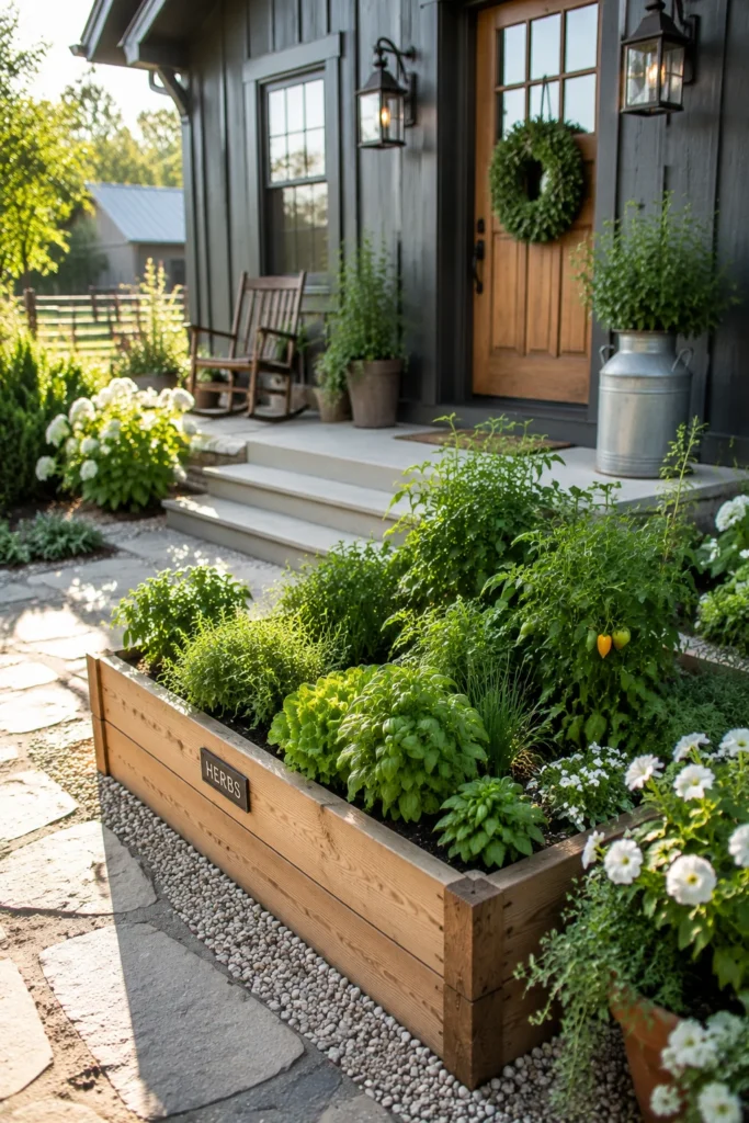 Raised cedar vegetable bed near a front entry