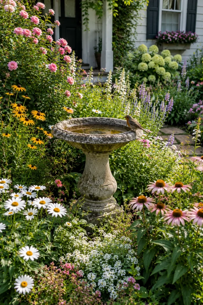 Rustic stone birdbath surrounded by cottage garden flowers