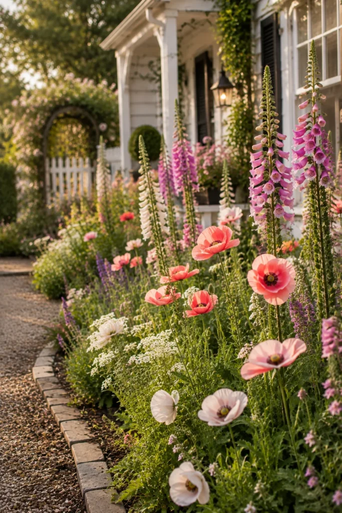 Self-seeding foxglove and poppies in a cottage garden bed
