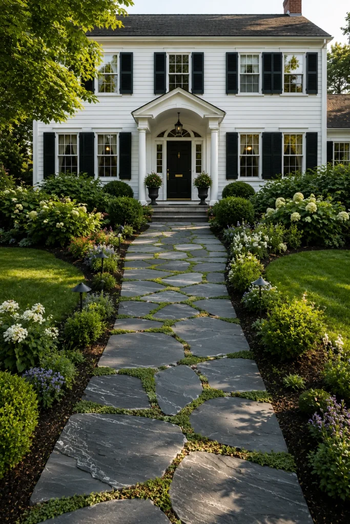 Gray-blue slate walkway leading to a colonial house