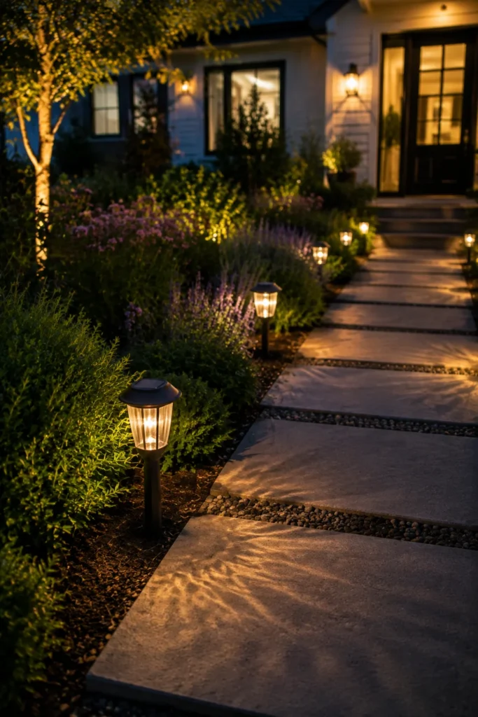 Solar path lights along a front yard walkway at dusk