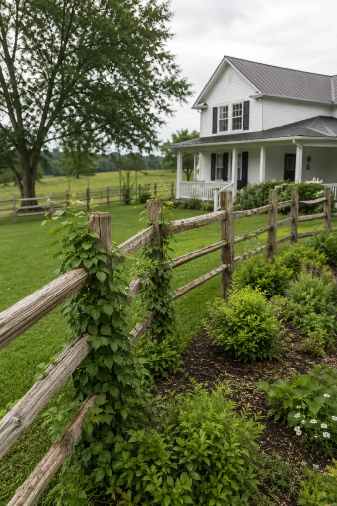 Cedar split-rail fencing along a rustic front yard