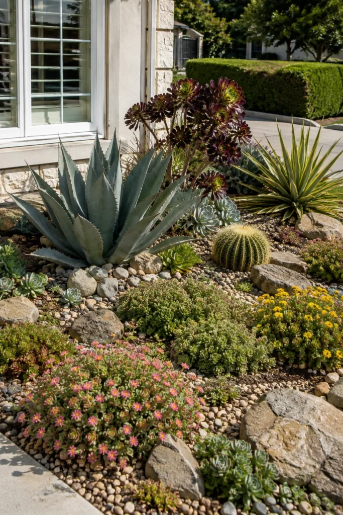 Sedum and agave succulent garden in a sunny front yard corner