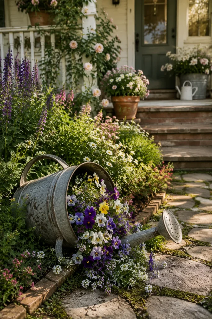 Vintage watering can spilling flowers as cottage garden decor