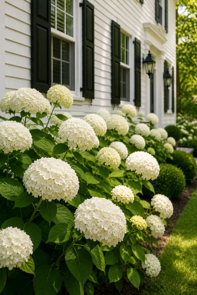 White hydrangea clusters planted near a colonial