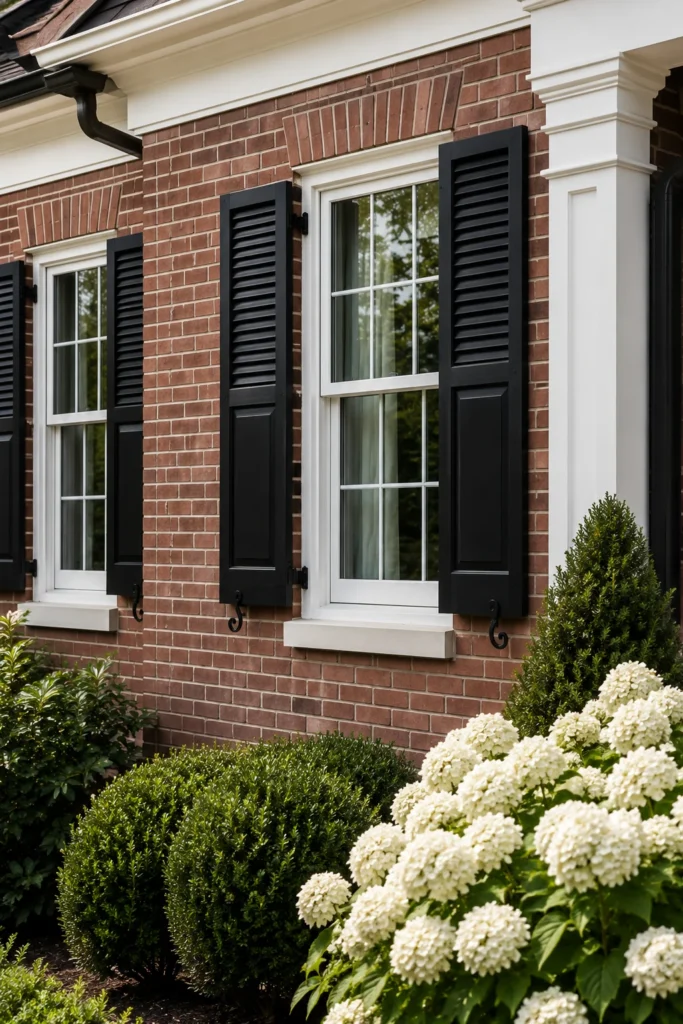 White trim and black shutters on a brick house exterior