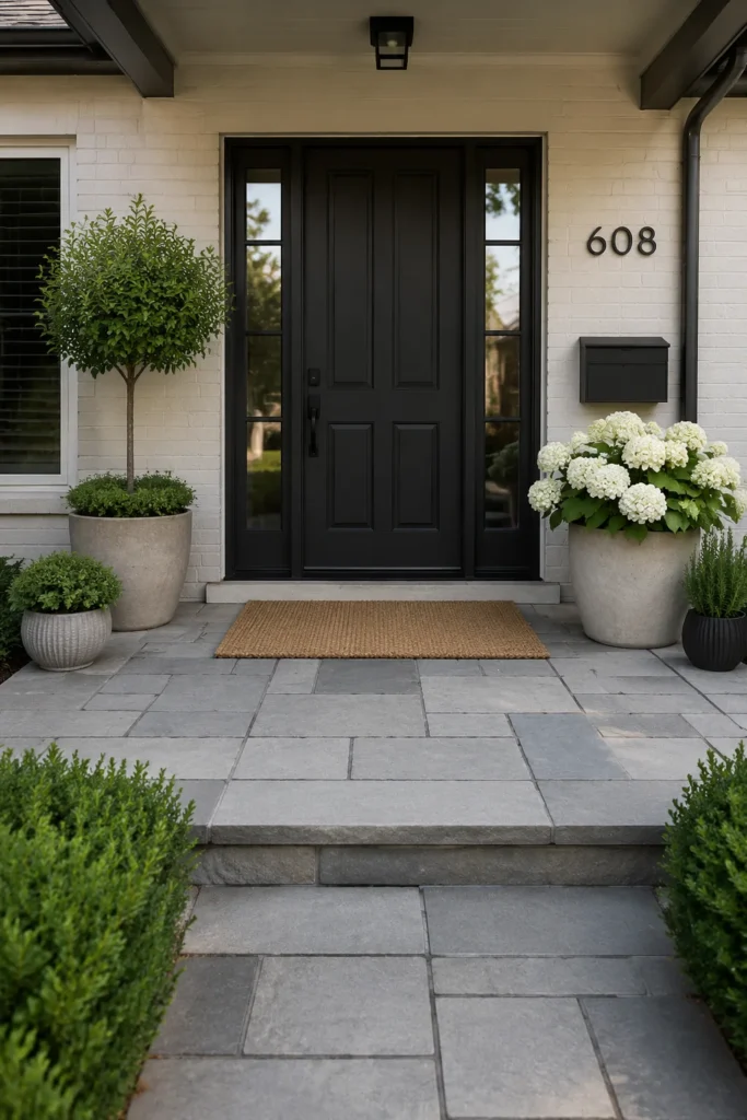 Wide paver landing at a ranch home front entry