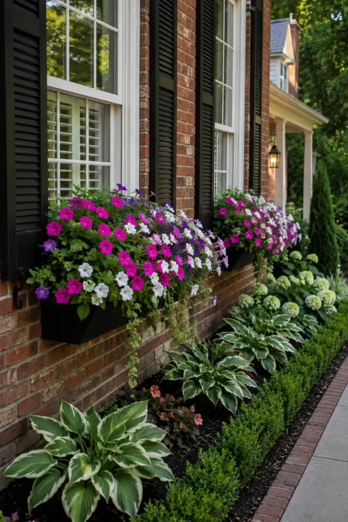 Window box planters with trailing petunias on a house facade