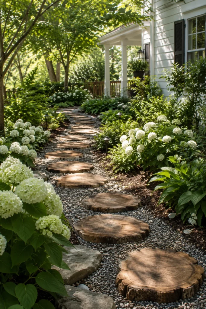 Wood stump stepping stones set into gravel