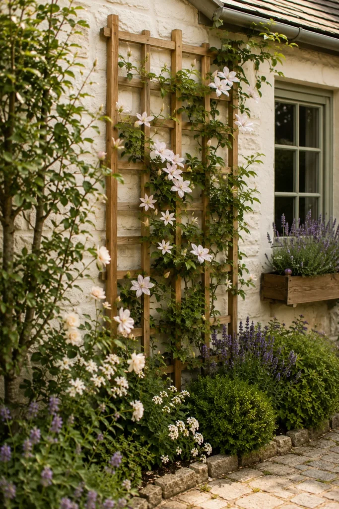 Wooden trellis with climbing vines in a cottage garden