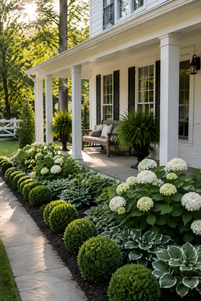 Wraparound planting bed filled with hydrangeas and boxwood