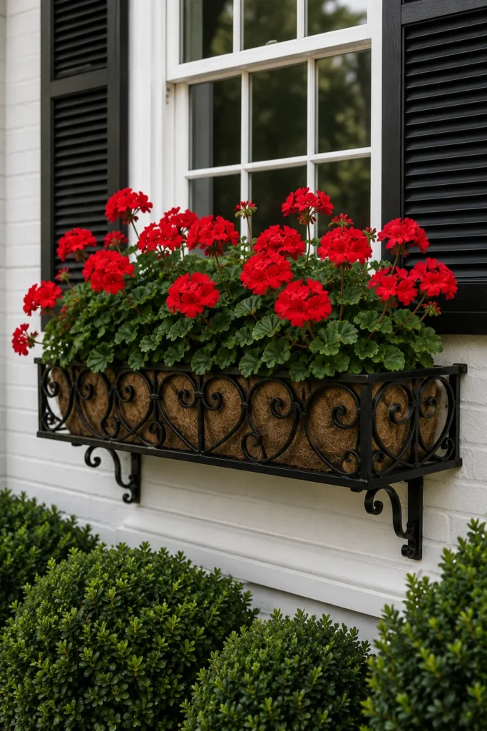 Wrought iron window boxes filled with flowers on a colonial home