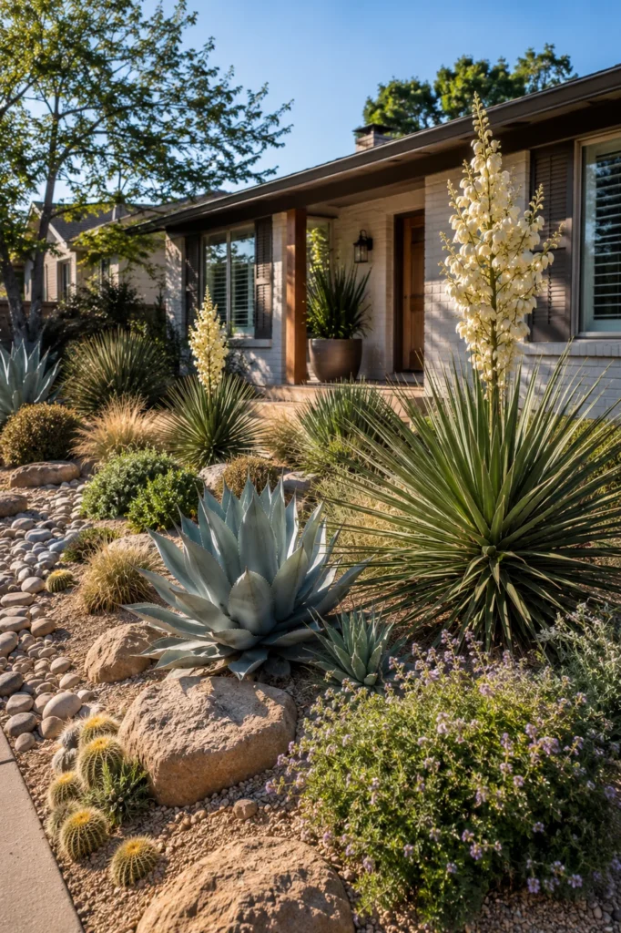 Cluster of yucca and agave plants in a sunny front yard