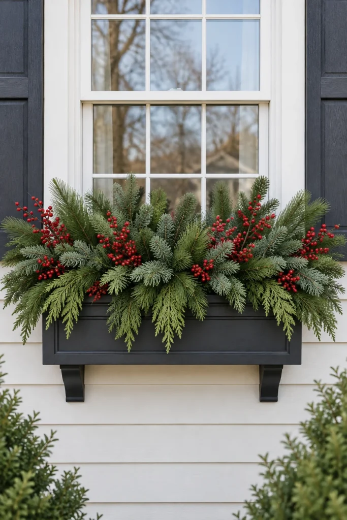 Realistic artificial pine and berry mix in a low-maintenance window box
