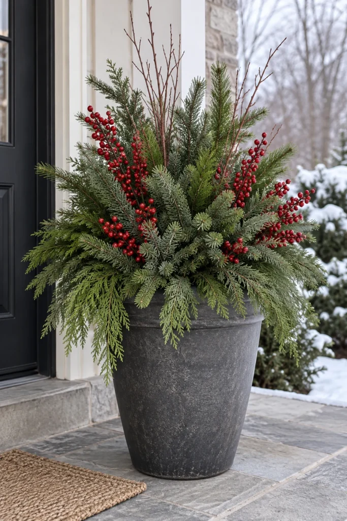 Realistic faux pine branches and berries in a low-maintenance container