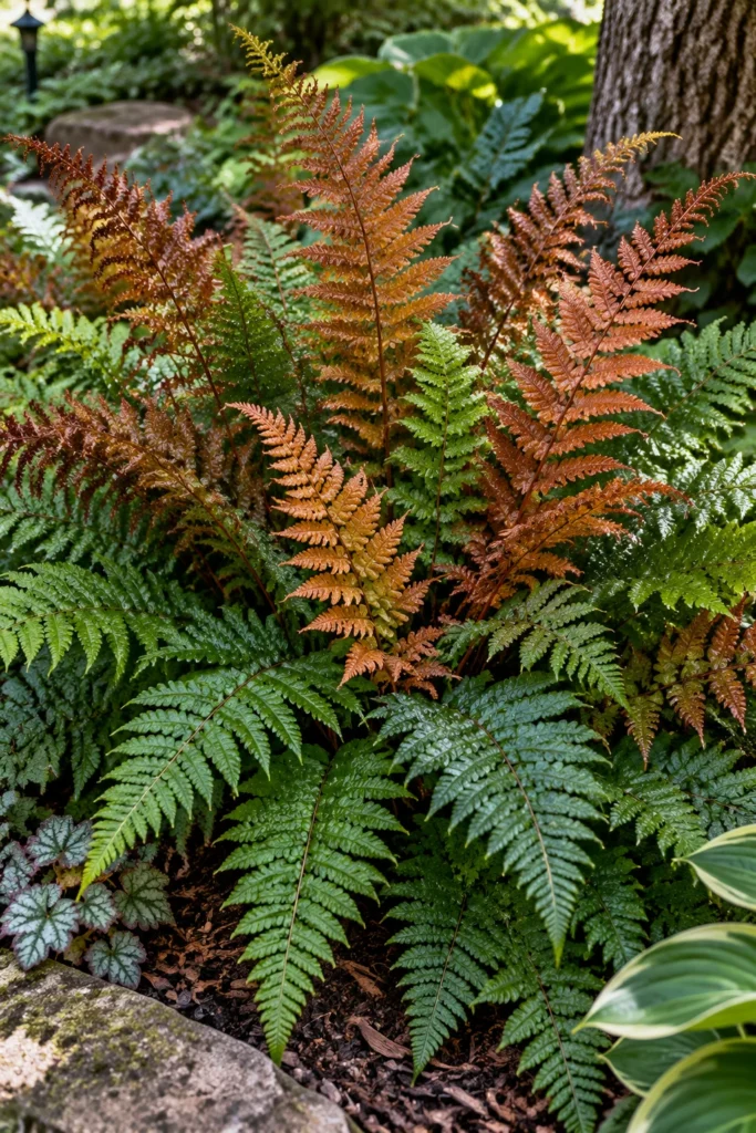 Autumn fern with copper colored new growth in a shade bed