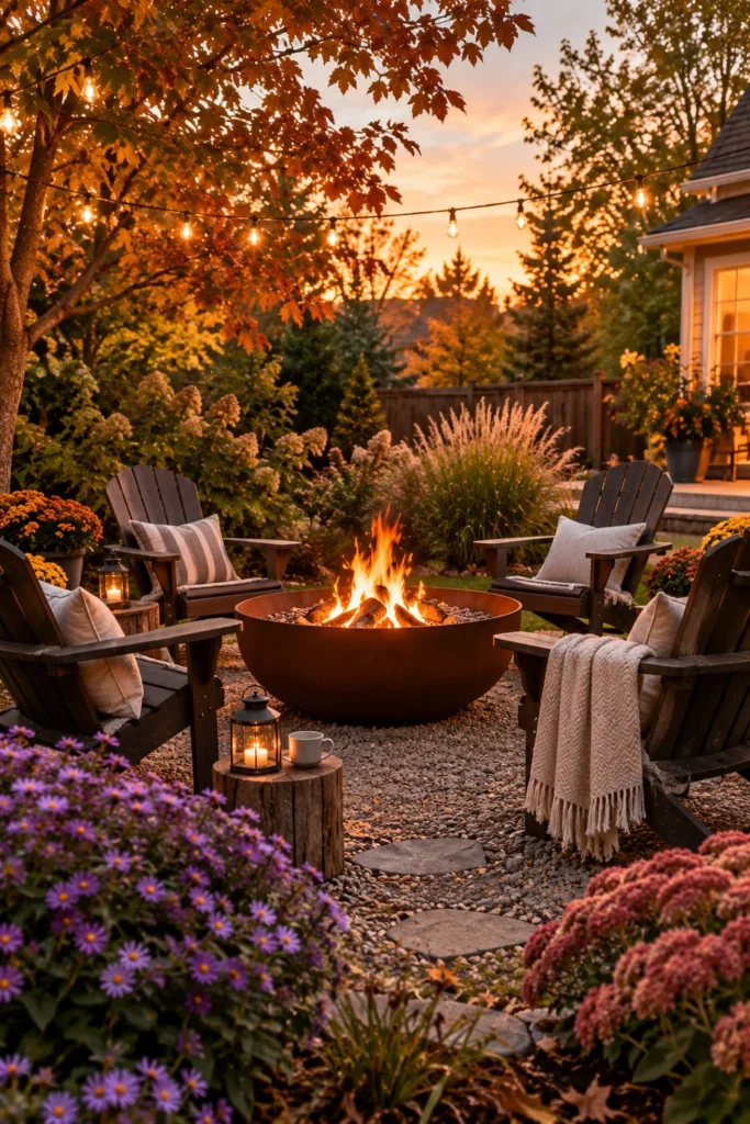 Fire pit surrounded by seating in a backyard fall garden