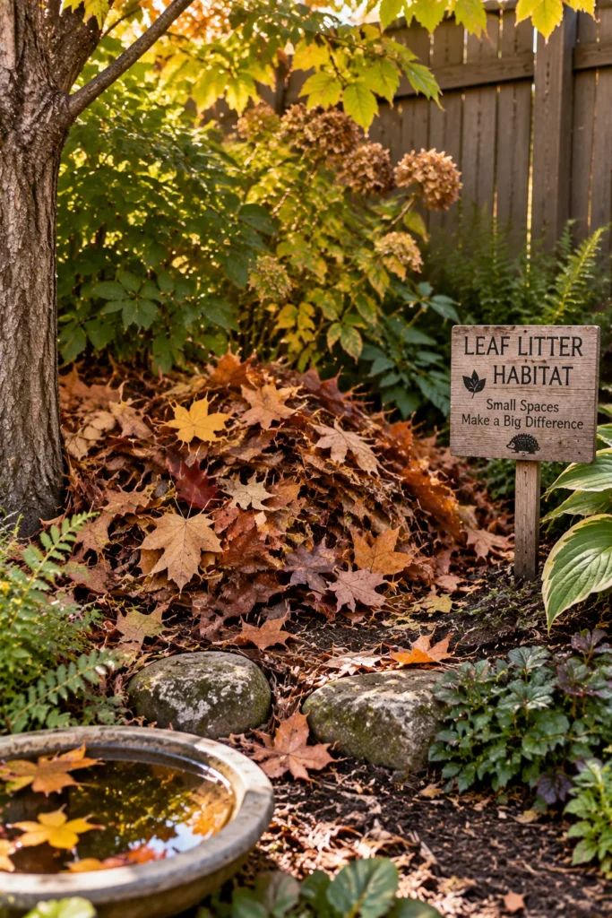 Small leaf litter pile left as wildlife habitat in a garden corner