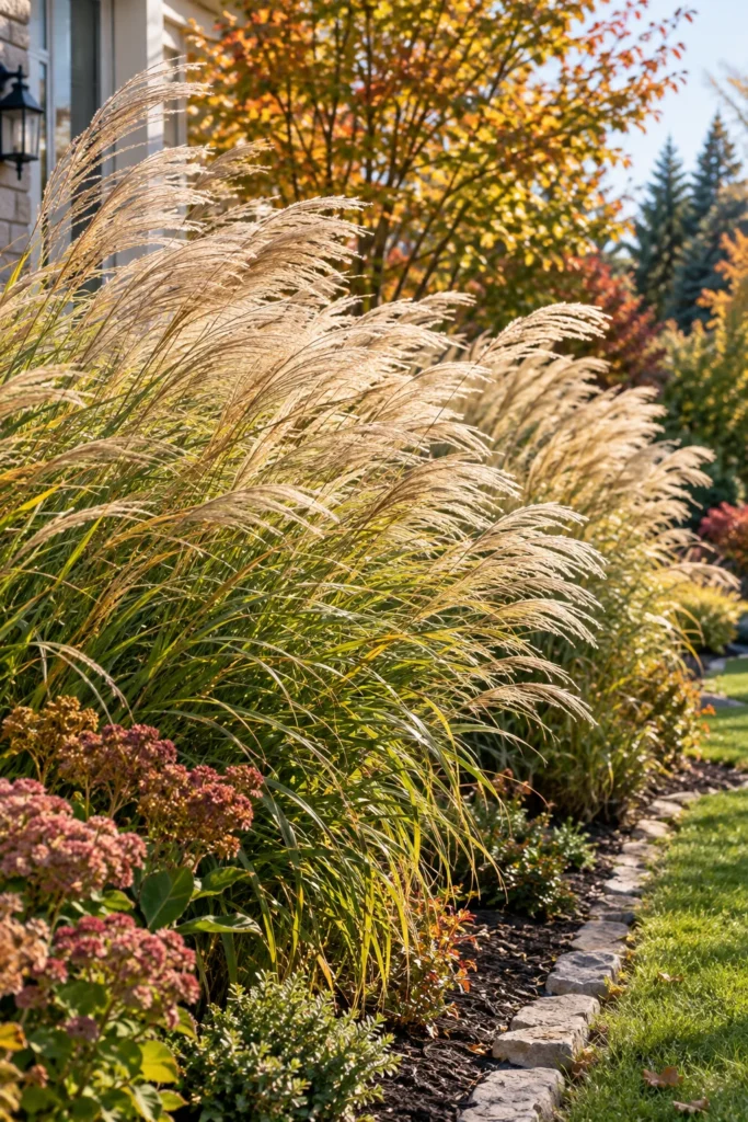 Tall ornamental grasses swaying in a fall garden border
