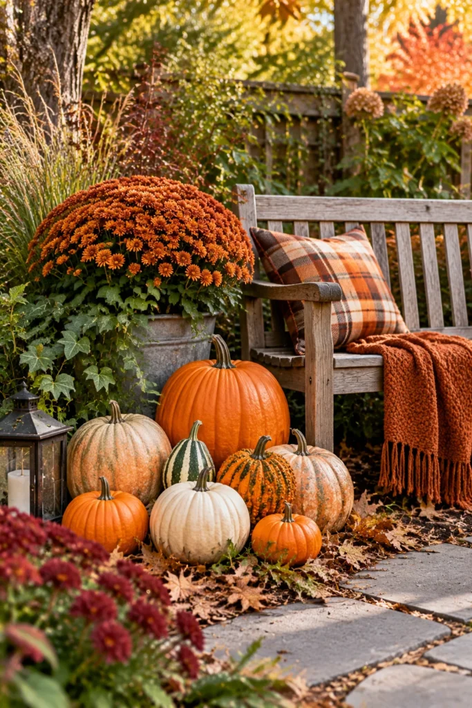 Small pumpkin and gourd display near a garden bench